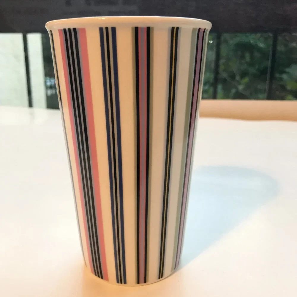 Starbucks Tall Ceramic Candy Striped Coffee Mug Cup Green Pink Blue Yellow